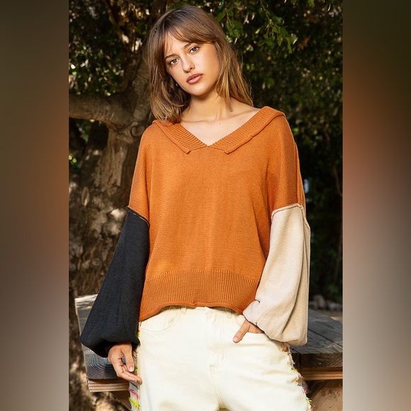 POL Exposed Seam Roll Edge Color Block V Neck Sweater 10010037197 - Picture 1 of 3